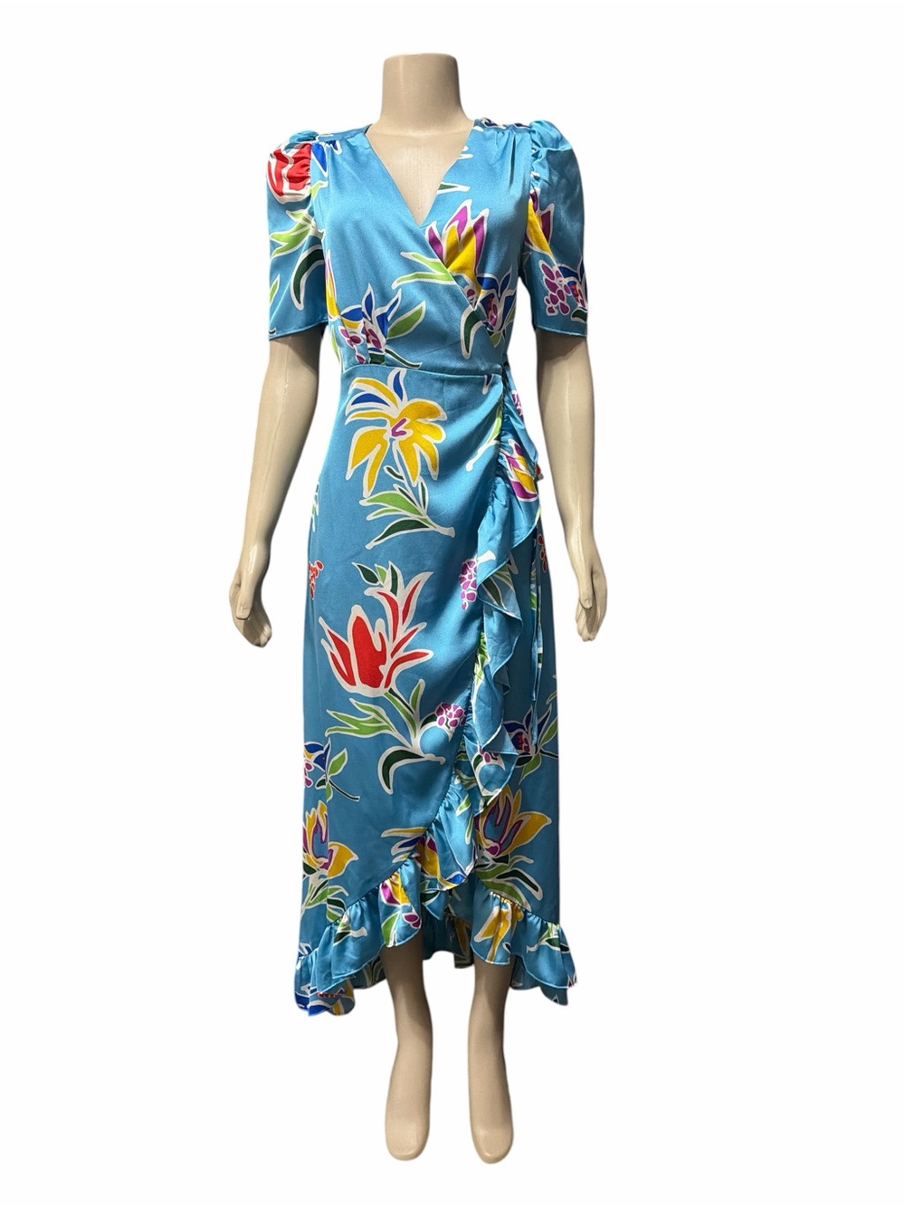 Sugarlips XS Floral Wrap Maxi Dress Blue Satin Puff Sleeve Ruffle Hem Tropical
